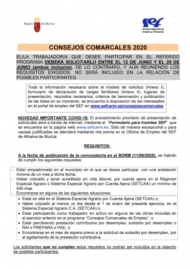 CONVOCATORIA CONSEJOS COMARCALES DE EMPLEO 2020