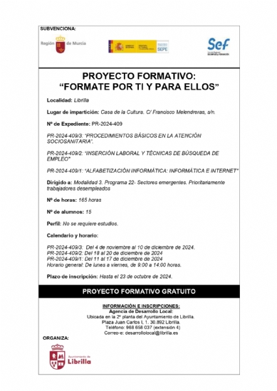 ABIERTO PLAZO DE INSCRIPCIÓN PARA PROYECTO FORMATIVO DE ATENCIÓN SOCIOSANITARIA A PERSONAS DEPENDIENTES “FORMATE POR TI Y PARA ELLOS” SUBVENCIONADO POR EL SEF.